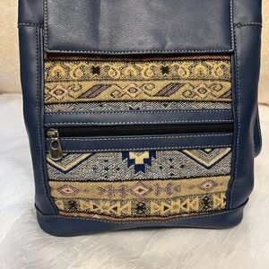 Tapestry and Blue leather bag